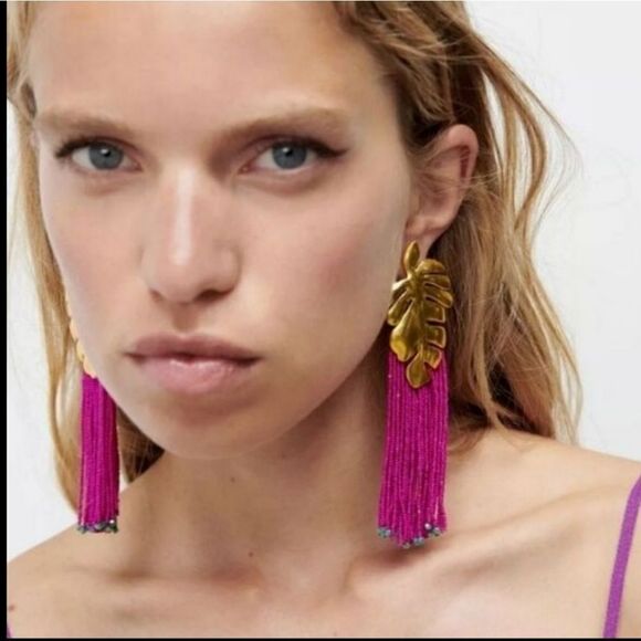 New ZARA ISLAND VIBES palm leaf beaded fringe dangle earrings - Picture 1 of 10